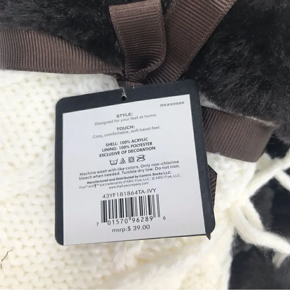 Frye Cream Knit Brown Faux Fur Pompom Trim Cozy Grip Tread Home Socks NEW